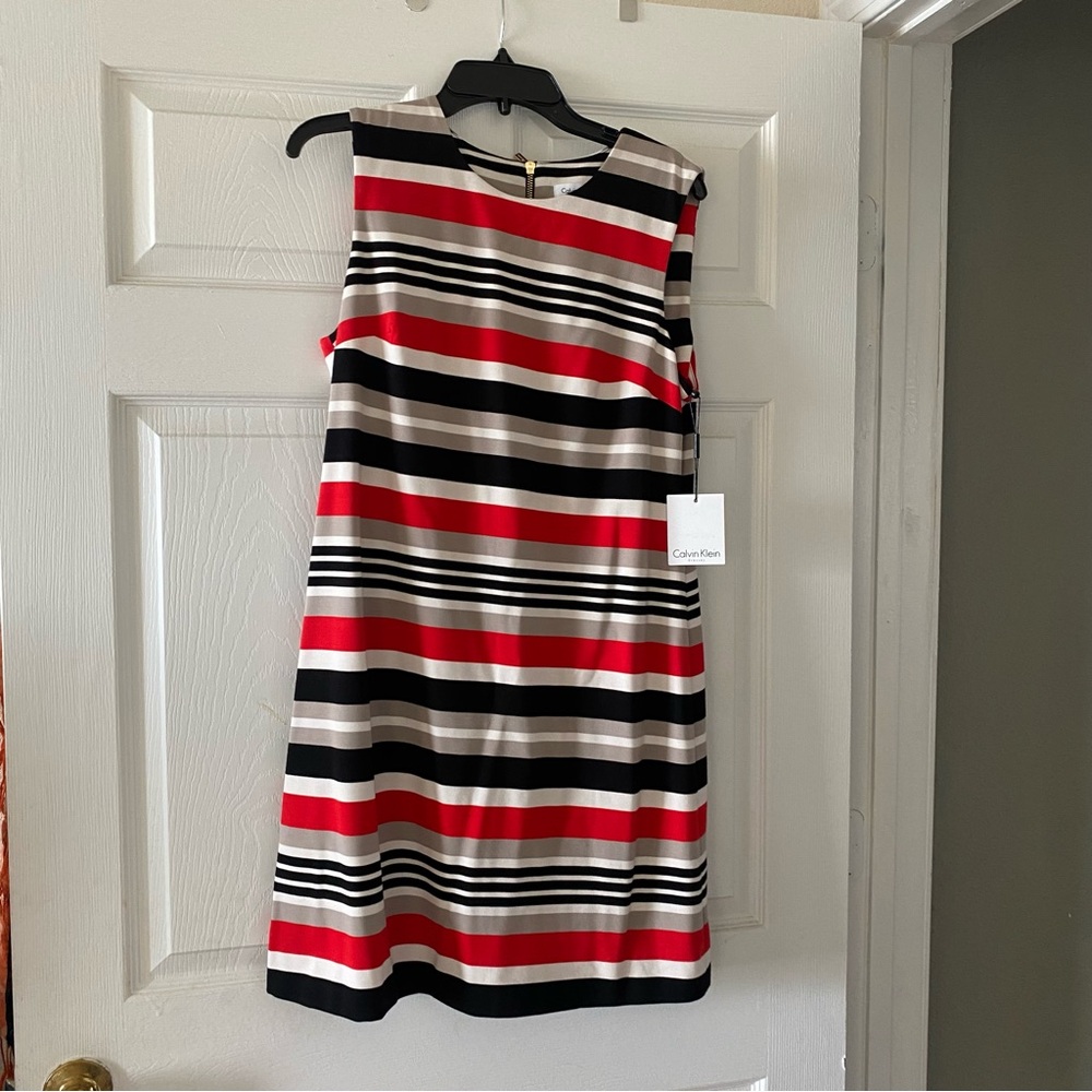 Calvin Klein Bold Striped Midi Dress - Red, Black, White, Tan